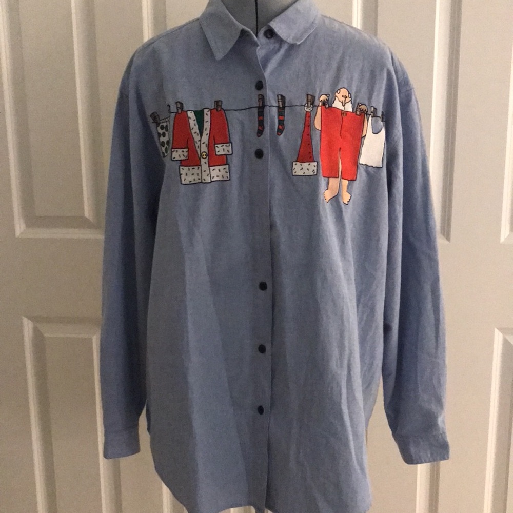 Falls Creek Embroidered Christmas Blouse Santa Clothesline Blue Blouse 20W Plus